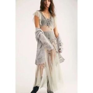 FREE PEOPLE ANNABELLE EXQUISITELY EMBELLISHED DESERT PEWTER BREEZY SHEER DRESS